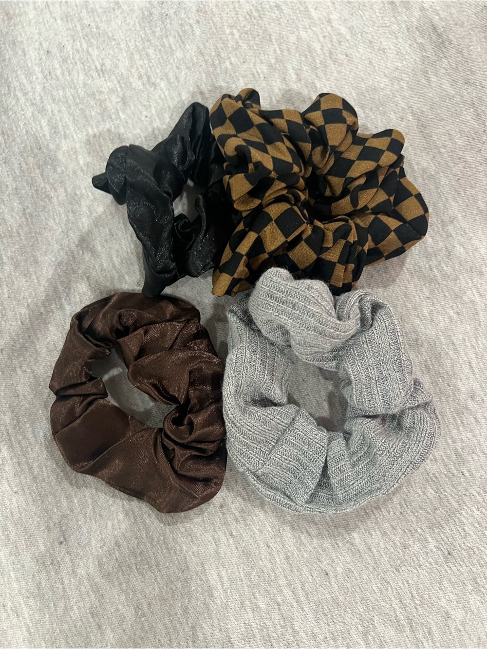 Set of 4 Women’s Hair Scrunchies in Black, Brown, Gray, and Checker Mustard